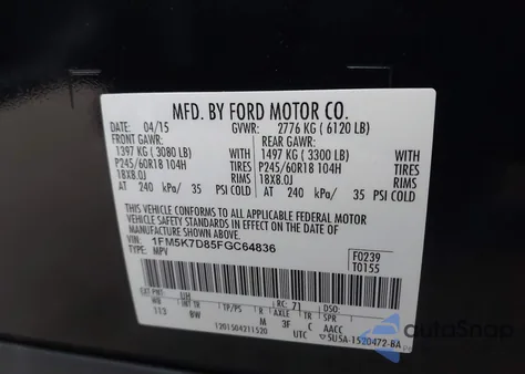 2015 Ford Explorer Xlt z USA, uszkodzony, nr VIN 1FM5K7D85FGC64836